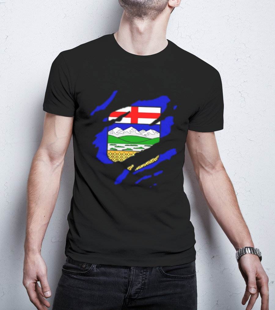 Alberta Coat Of Arms Ripped Effect Canada Flag Emblem Heritage Display T-Shirt