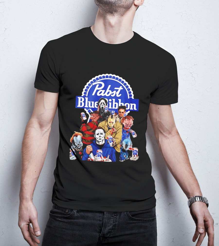 Pabst Blue Ribbon Horror Movie Characters Drinking Beer T-Shirt