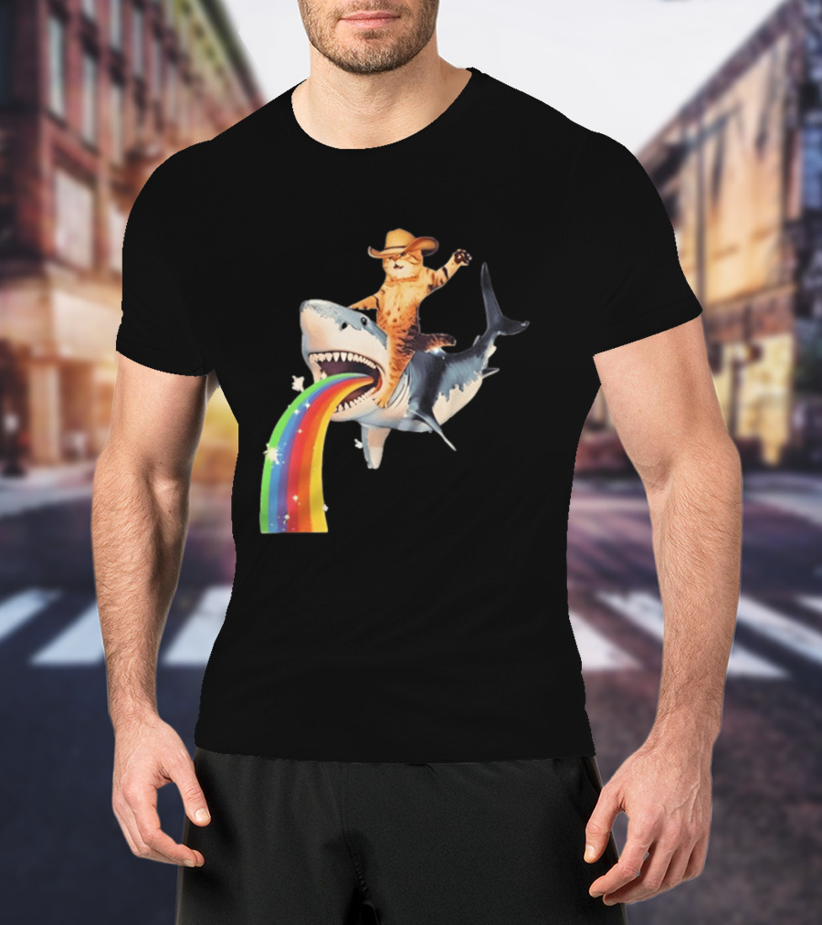 Cowboy Cat Riding Shark With Rainbow T-Shirt