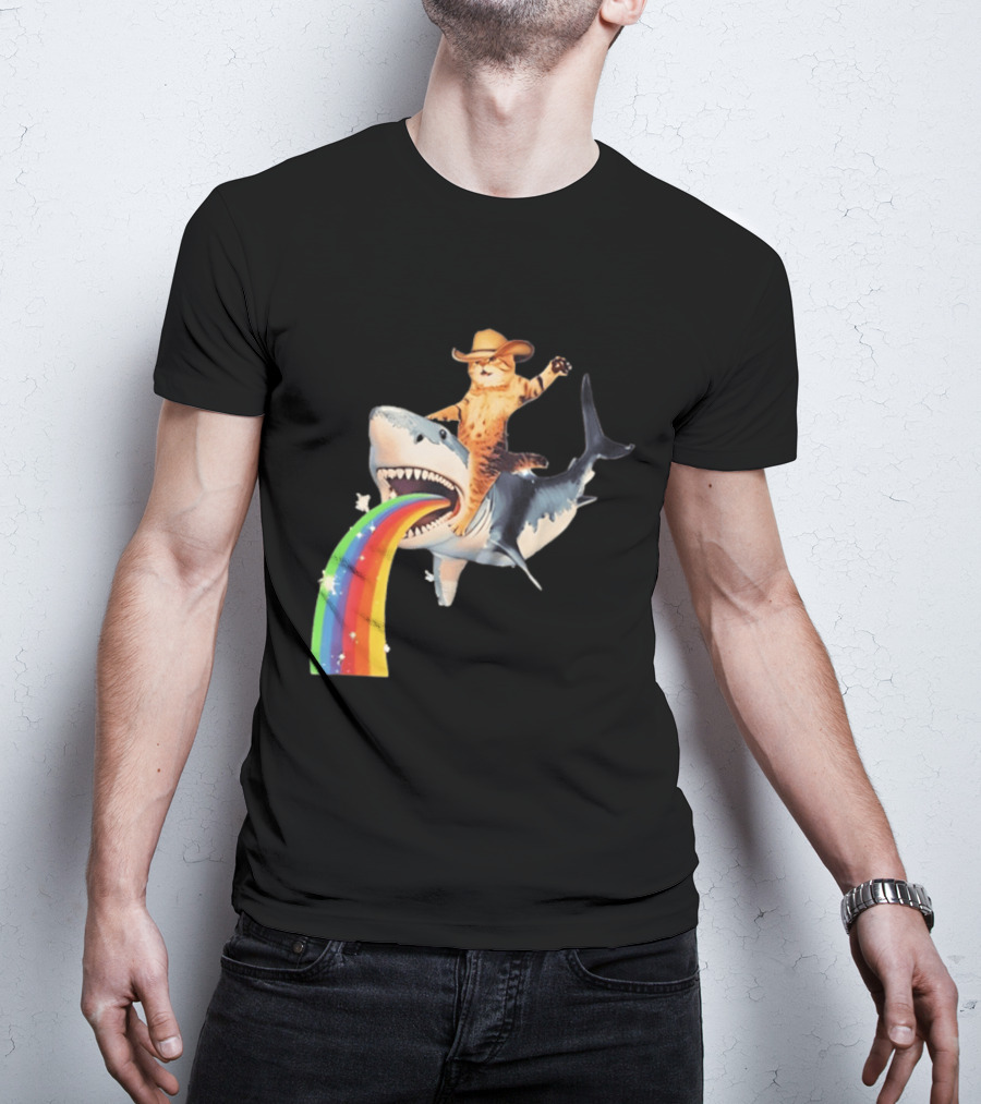Cowboy Cat Riding Shark With Rainbow T-Shirt