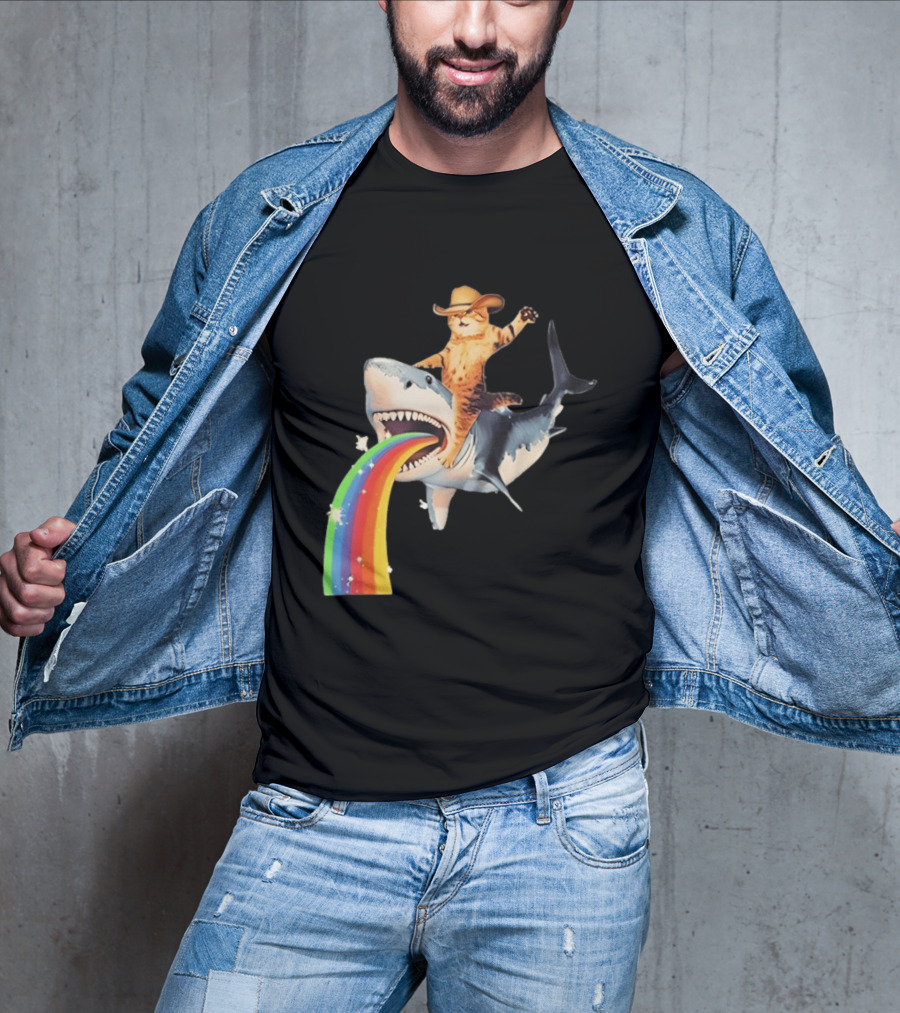 Cowboy Cat Riding Shark With Rainbow T-Shirt