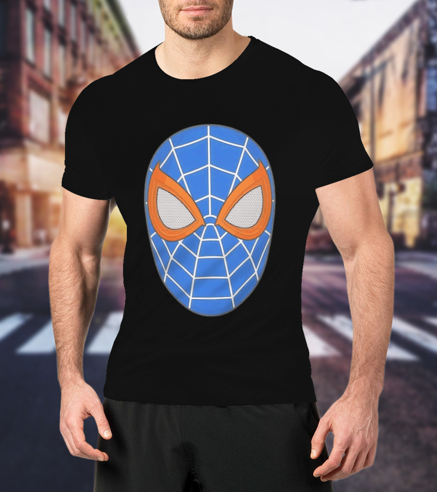 Spidey Spider Man Blue Mask With Orange Eyes And Web T-Shirt