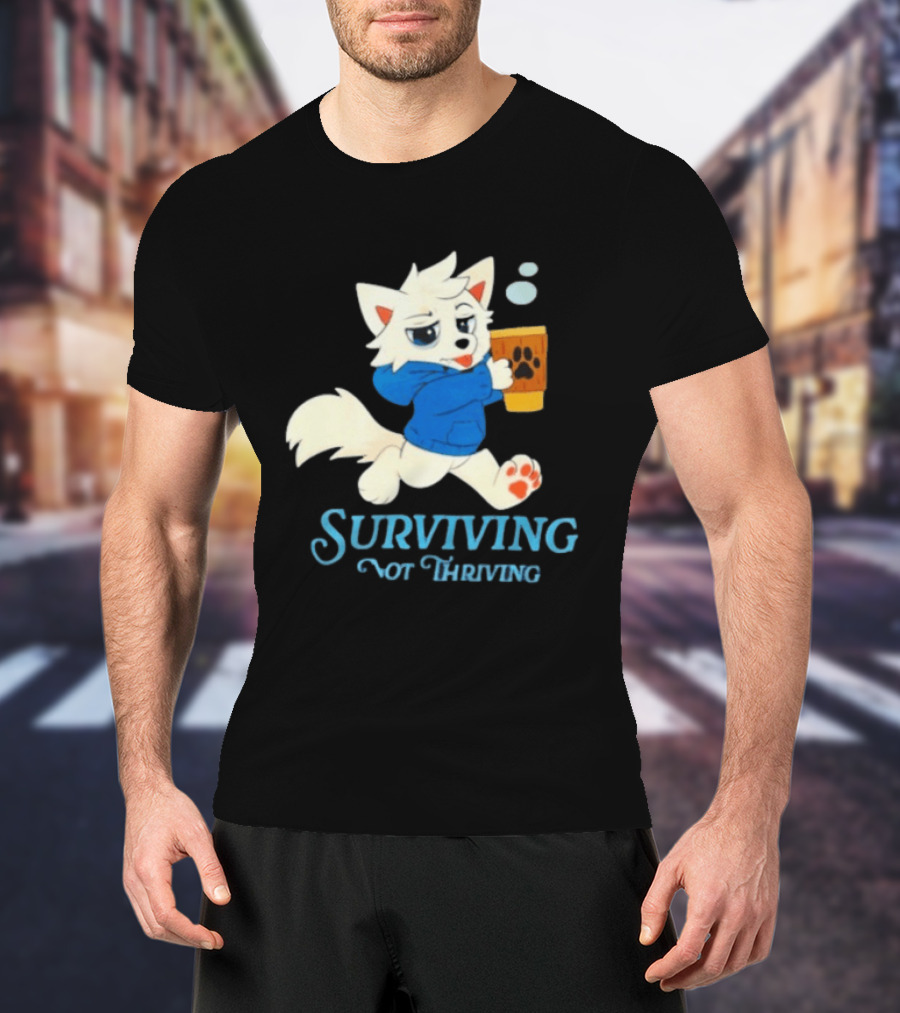 Surviving Not Thriving Cute Fox Coffee Paw Print T-Shirt