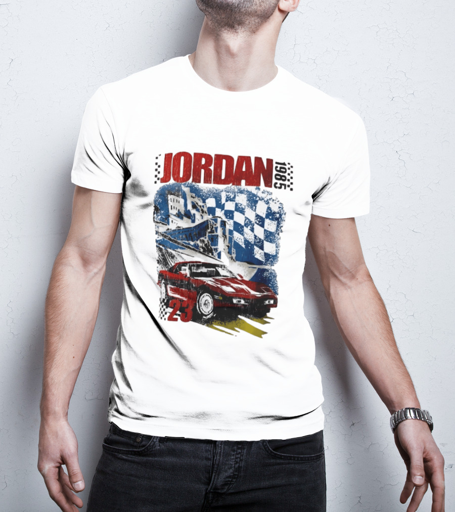 Jordan 23 Racing Brooklyn 1985 Checkered Red Sports Car Blue Flag T-Shirt