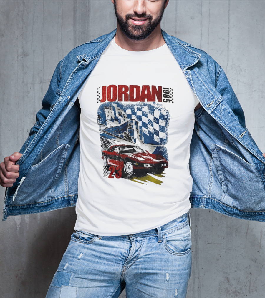 Jordan 23 Racing Brooklyn 1985 Checkered Red Sports Car Blue Flag T-Shirt