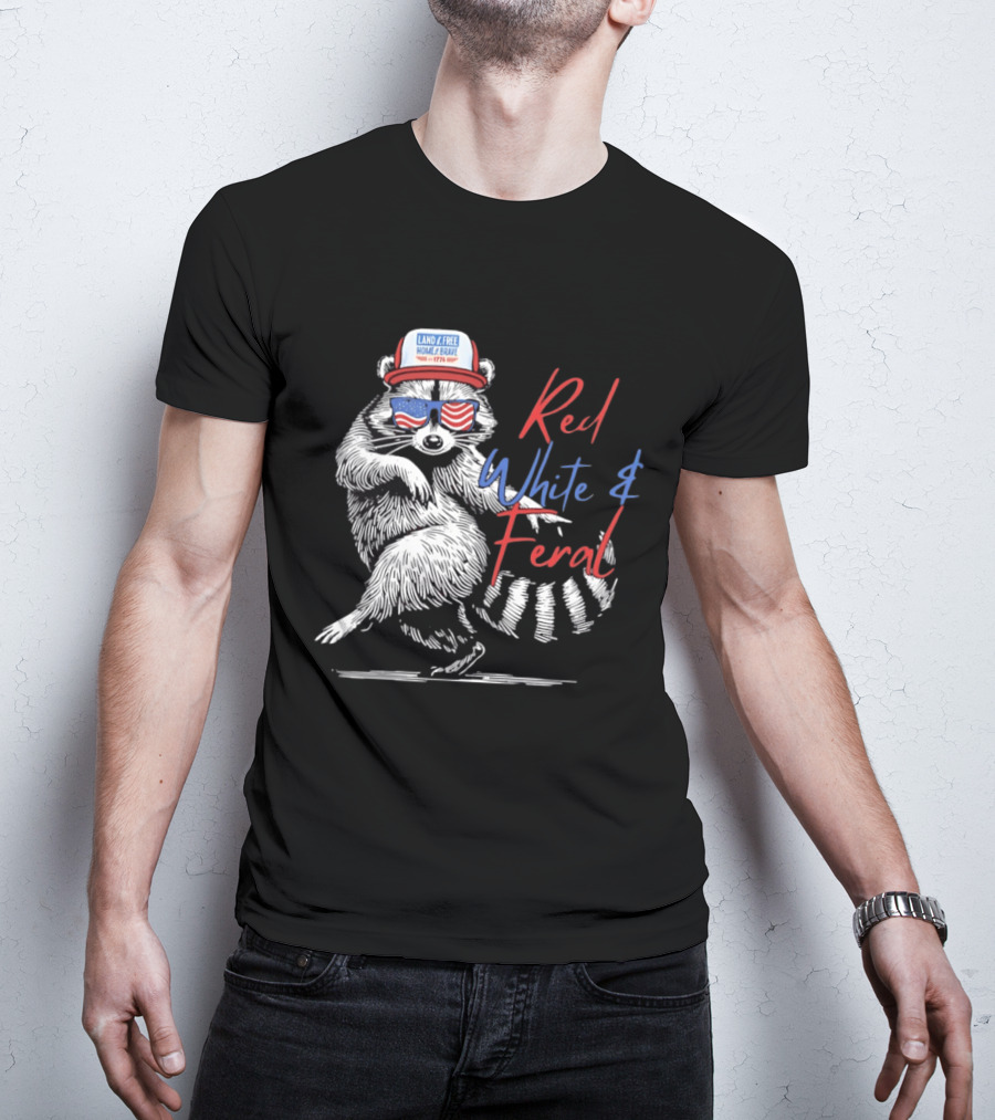 Red White Feral Raccoon Land Of The Free Home Brave 1776 Patriotic USA T-Shirt