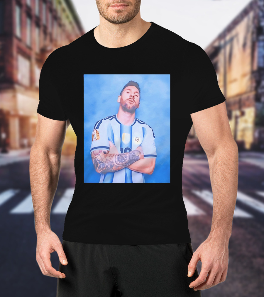 Lionel Messi With Argentina National Team Badge In Blue And White Stripes T-Shirt