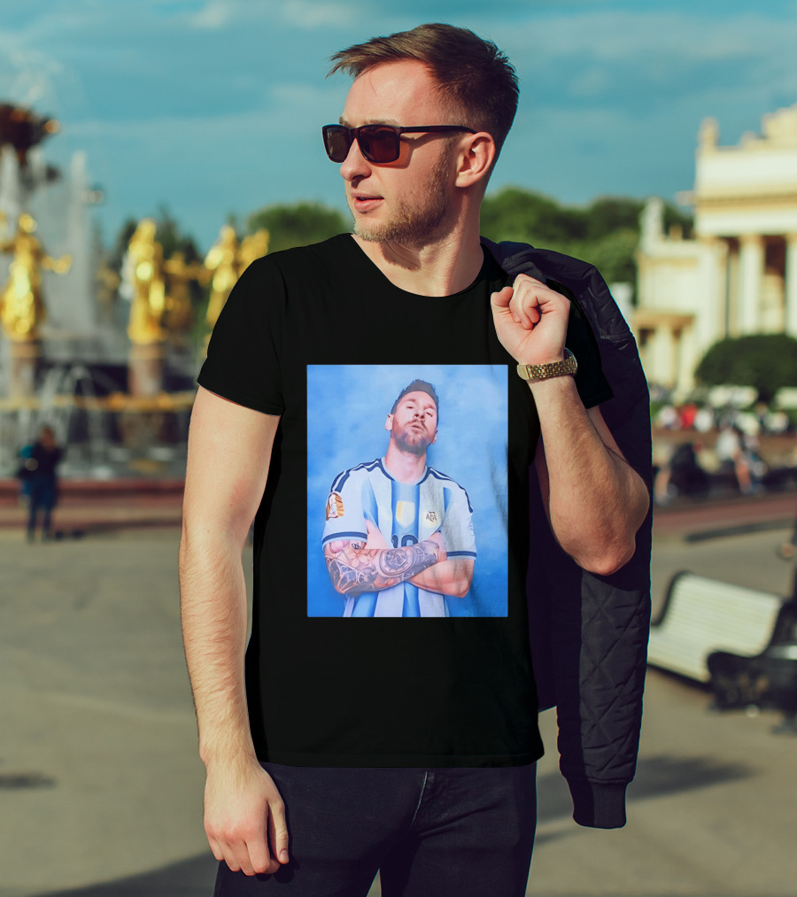 Lionel Messi With Argentina National Team Badge In Blue And White Stripes T-Shirt
