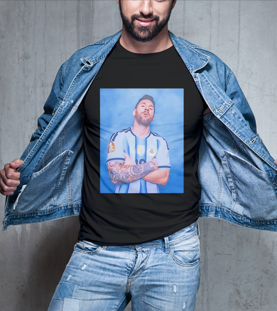 Lionel Messi With Argentina National Team Badge In Blue And White Stripes T-Shirt