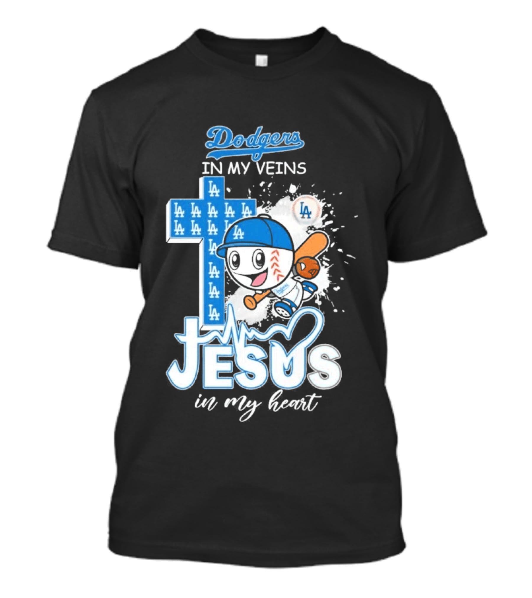 Los Angeles Dodgers In My Veins Jesus In My Heart LA Baseball Cross T-Shirt