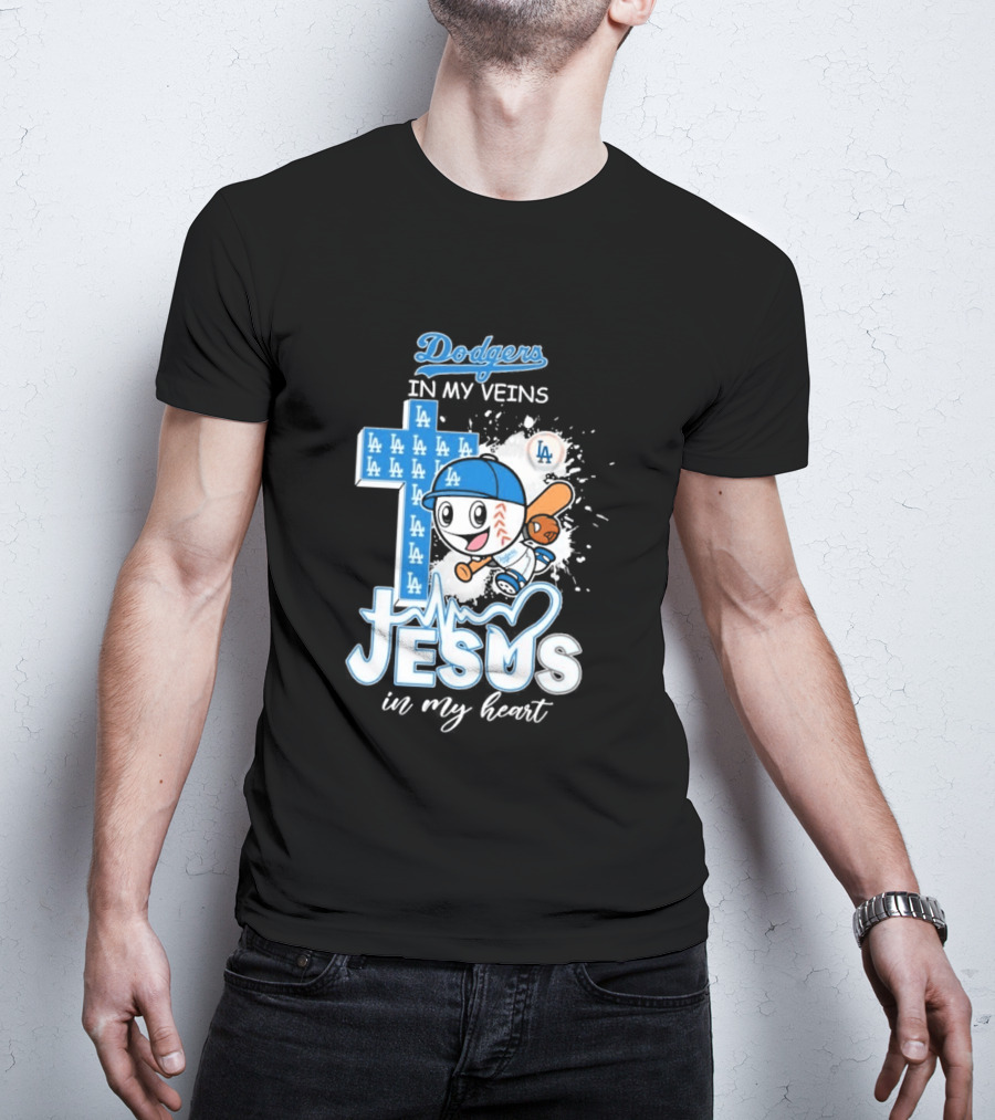 Los Angeles Dodgers In My Veins Jesus In My Heart LA Baseball Cross T-Shirt