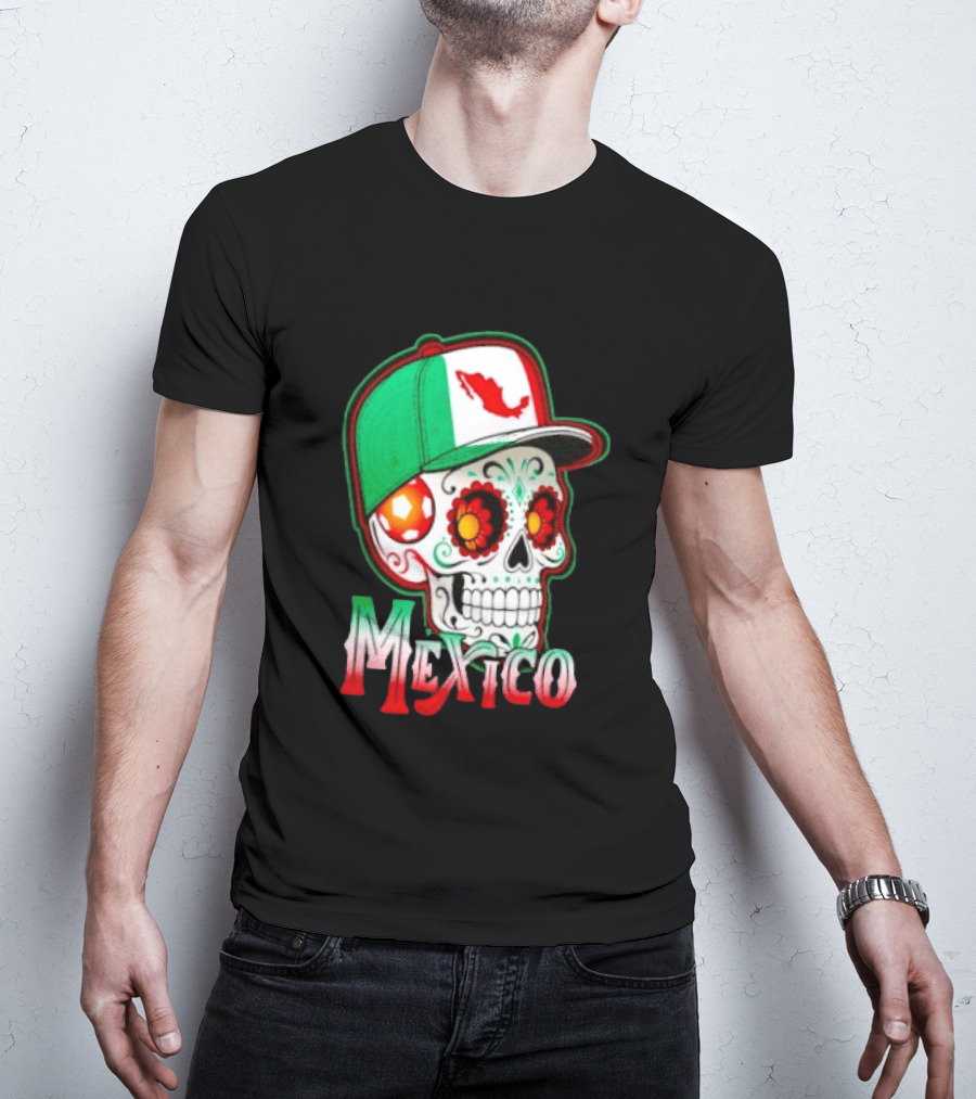 Mexico Sugar Skull Hat Map T-Shirt