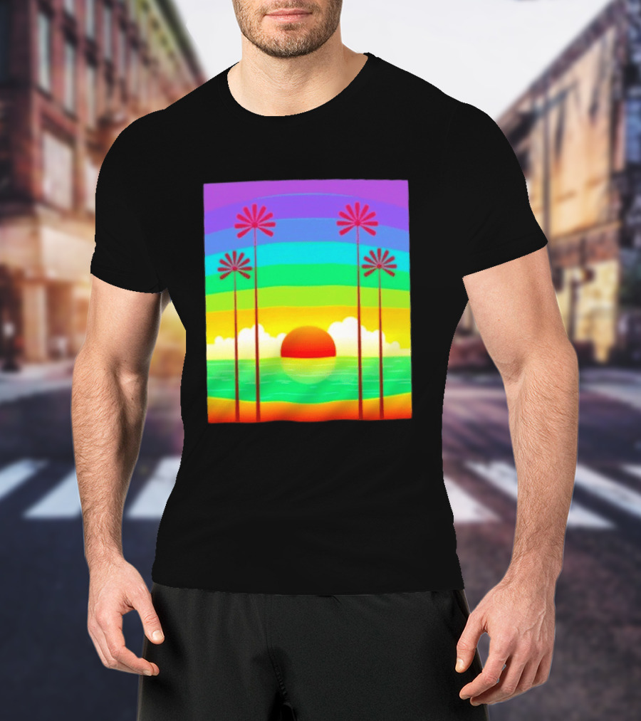 Sunset With Palm Trees And Rainbow Summer Scene T-Shirt