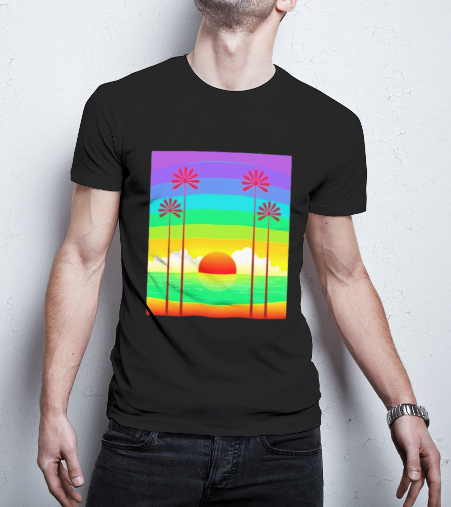 Sunset With Palm Trees And Rainbow Summer Scene T-Shirt