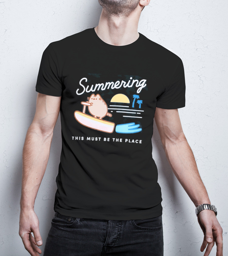 Summering This Must Be The Place Pusheen Surfing Cat Scene T-Shirt