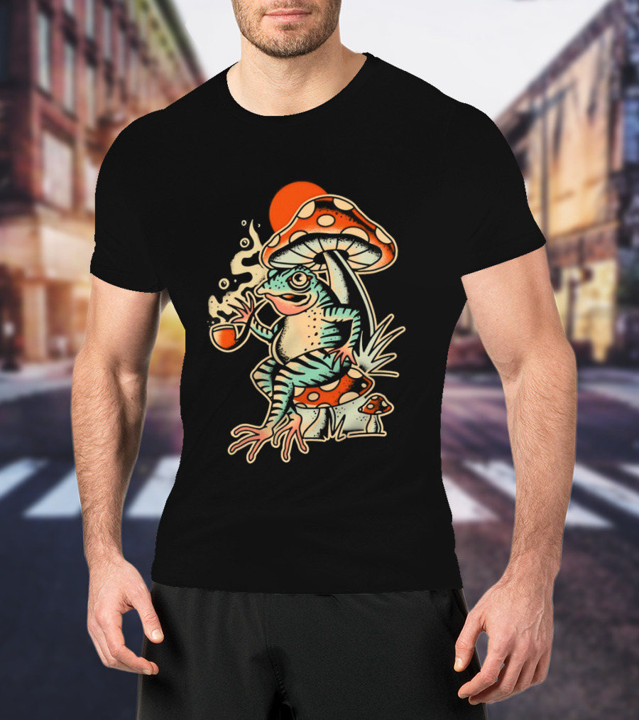 Frog Smoking Pipe Under Mushroom Tattoo T-Shirt
