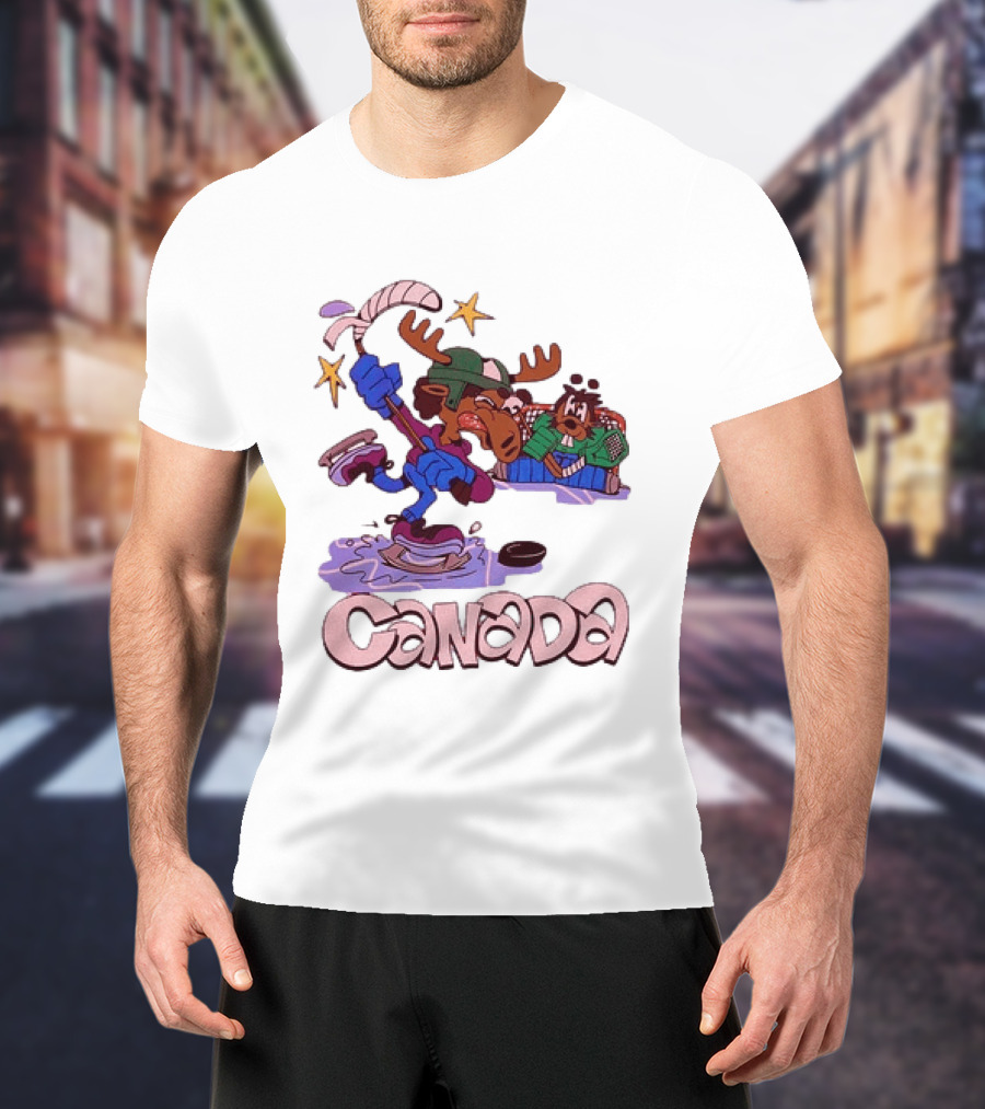 Slushy Noobz Canada Hockey Moose Cartoon Ice Rink Scene T-Shirt