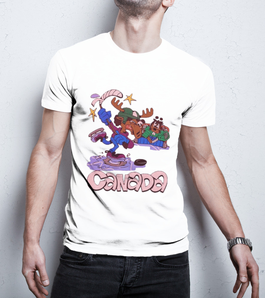 Slushy Noobz Canada Hockey Moose Cartoon Ice Rink Scene T-Shirt