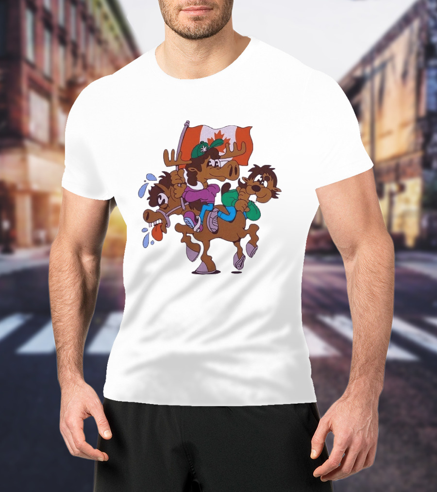 Slushy Noobz Horse Riders Cartoon Moose With Canada Flag T-Shirt