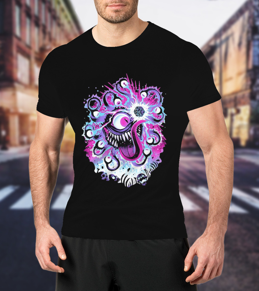Beholder Dungeons And Dragons Eye Tyrant Illustration With D20 Dice And Psychedelic T-Shirt