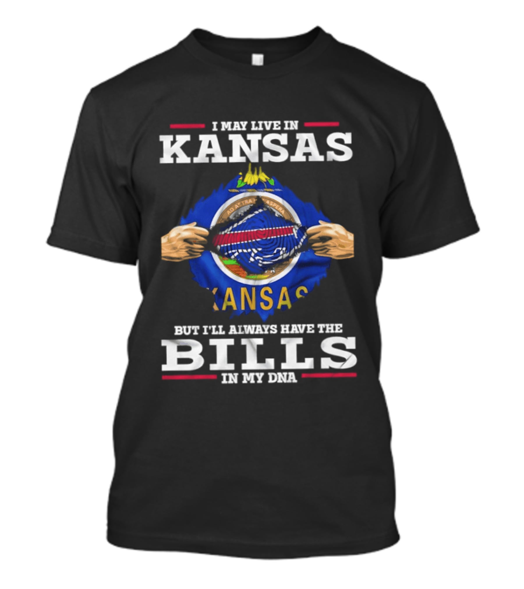 I May Live In Kansas But I'll Always Have The Bills In My DNA Kansas Seal Bills NFL Football T-Shirt