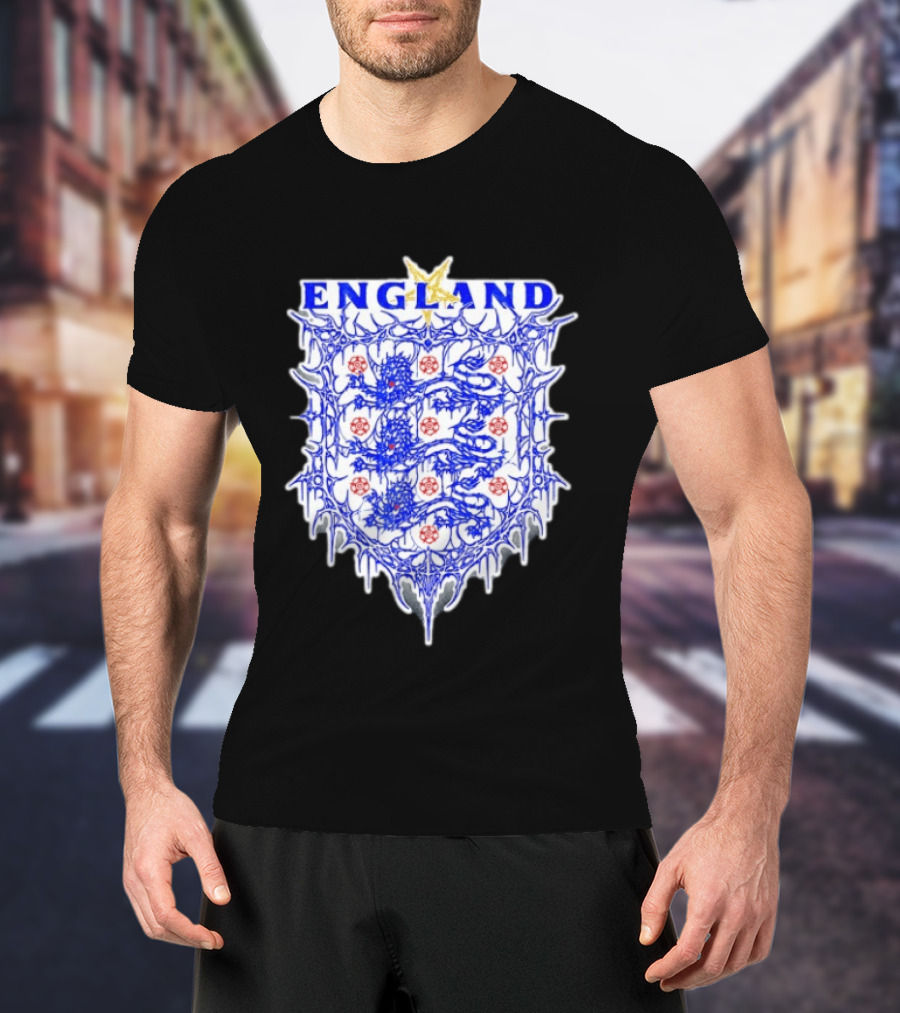 England Metal Crest Three Lions Emblem With Gothic Motif T-Shirt