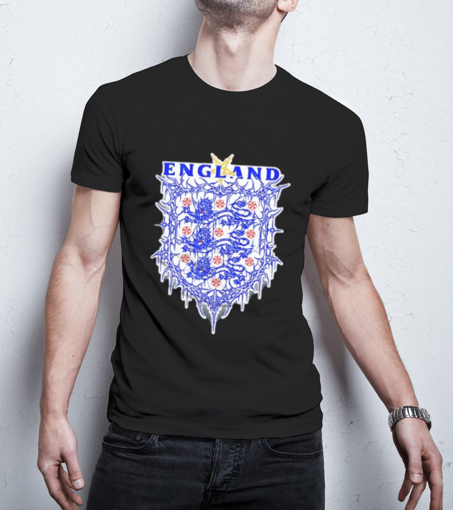 England Metal Crest Three Lions Emblem With Gothic Motif T-Shirt