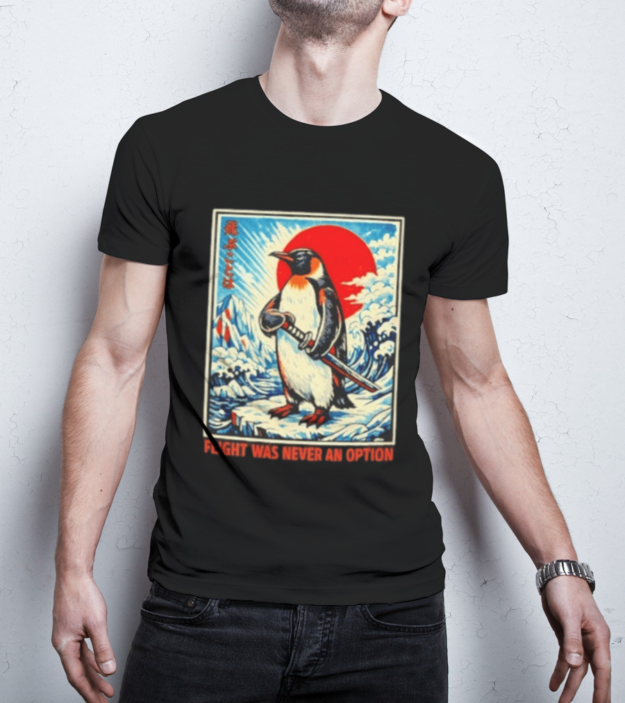 Flight Was Never An Option Japanese Penguin Samurai Rising Sun Katana Waves T-Shirt