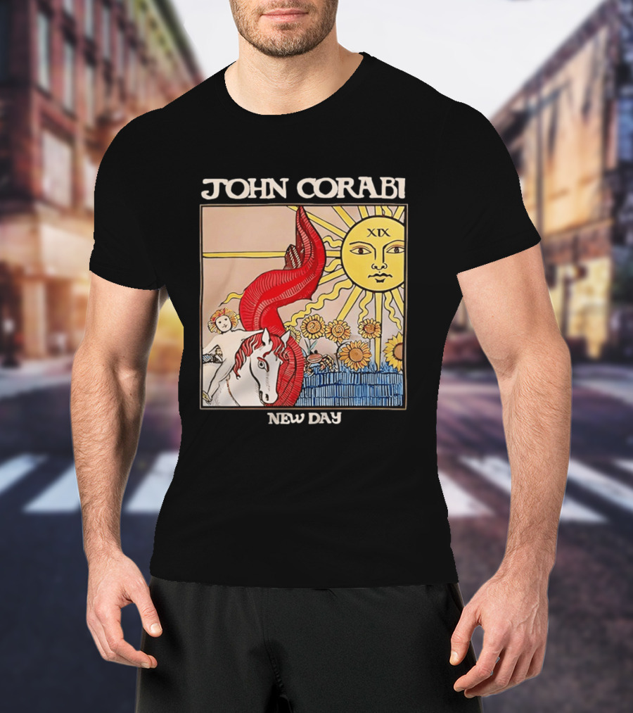 John Corabi New Day The Sun XIX Tarot Card Rider And Sunflowers T-Shirt