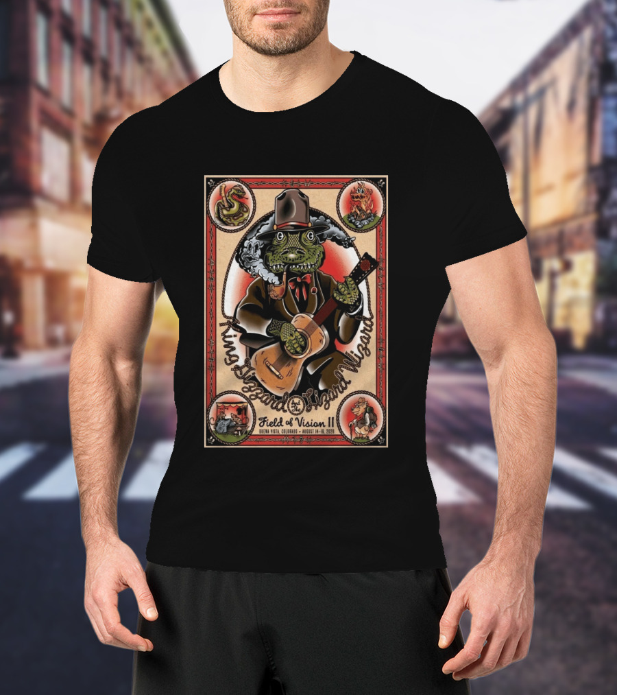 King Gizzard And The Lizard Wizard Field Of Vision II August 14 16 2026 Illustration With Lizard Playing Guitar T-Shirt