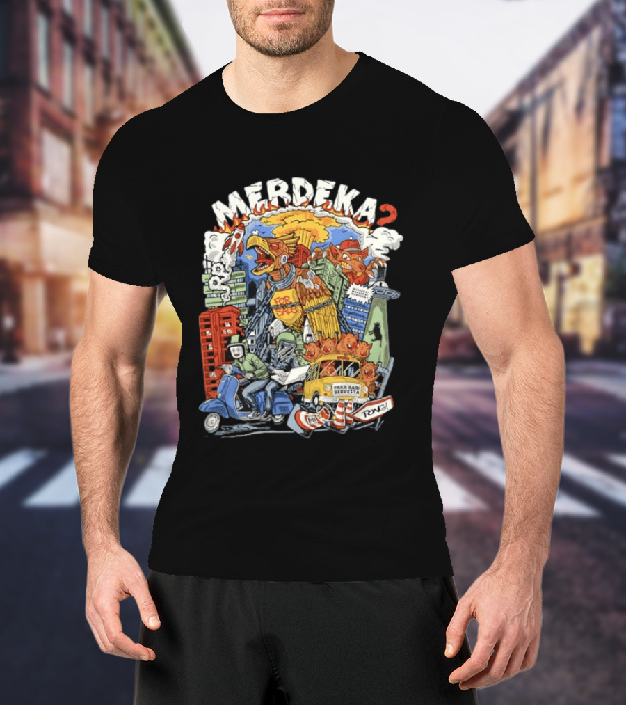 Merdeka Para Babi Berpesta Satire Indonesian Illustration With Cityscape And Mythical Creatures T-Shirt