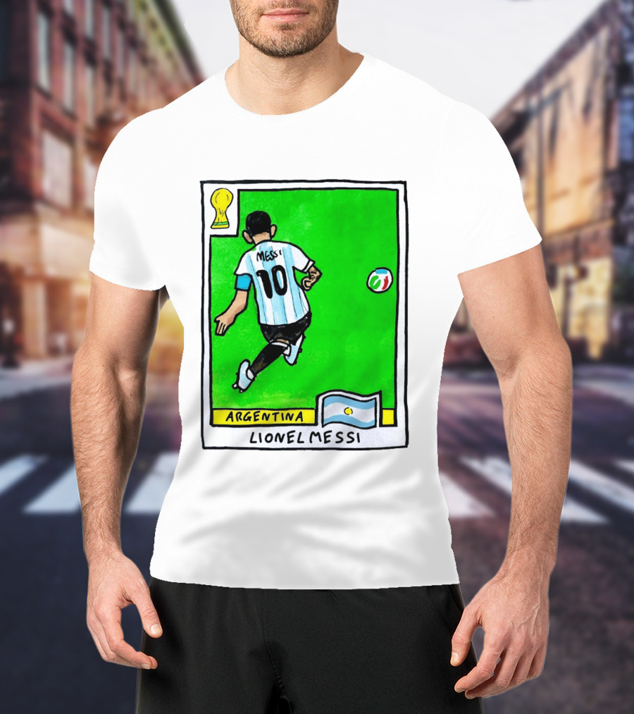 Lionel Messi Argentina Number 10 Football Card With World Cup And National Flag T-Shirt
