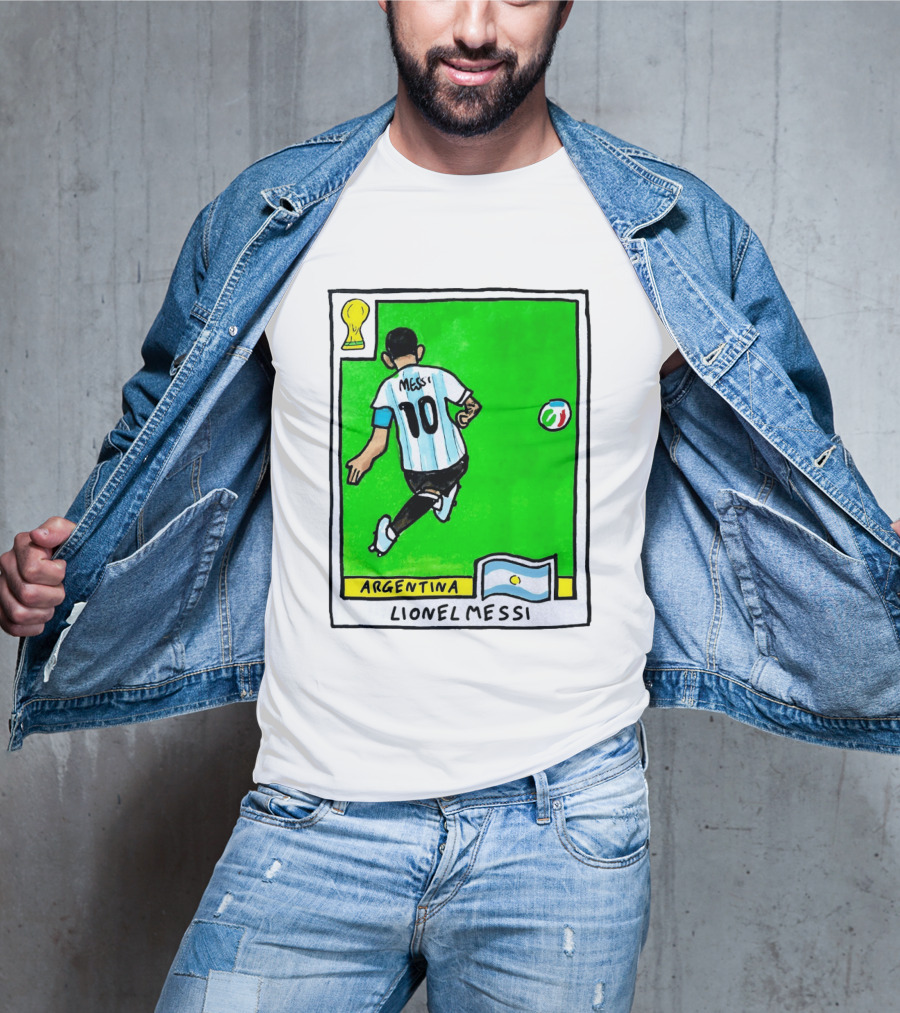 Lionel Messi Argentina Number 10 Football Card With World Cup And National Flag T-Shirt