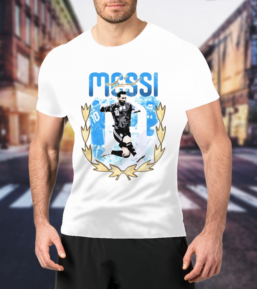 Messi 10 Sliding Celebration With Gold Laurel Wreath T-Shirt
