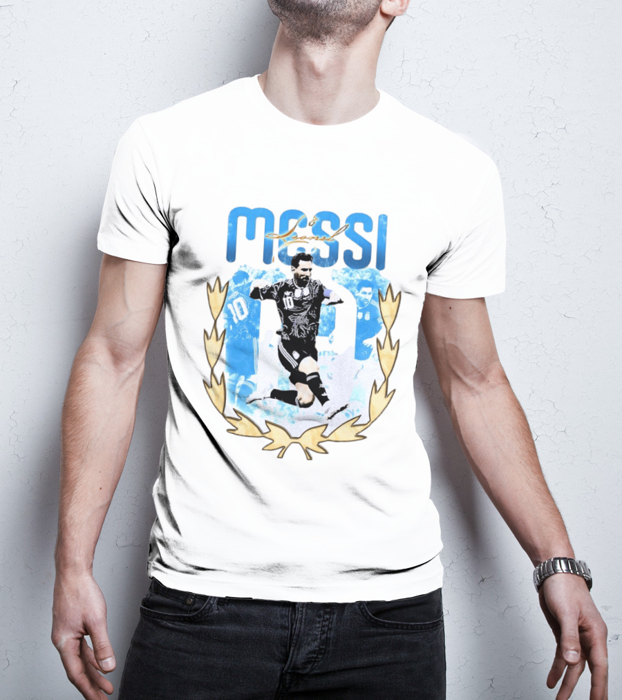 Messi 10 Sliding Celebration With Gold Laurel Wreath T-Shirt