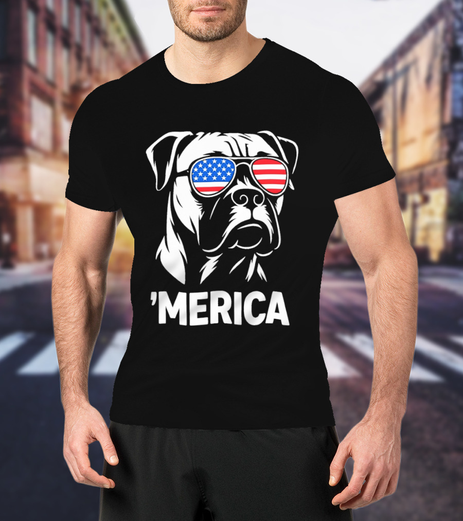 American Bulldog With USA Flag Sunglasses 'Merica T-Shirt