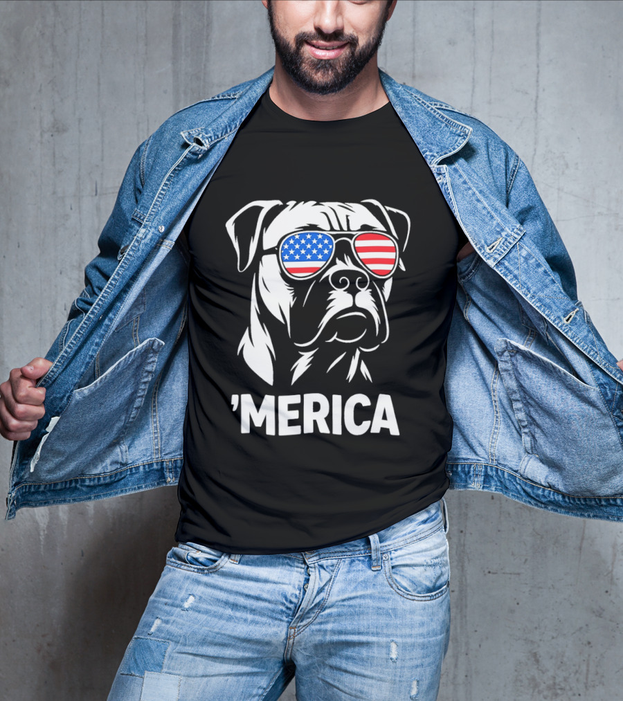 American Bulldog With USA Flag Sunglasses 'Merica T-Shirt