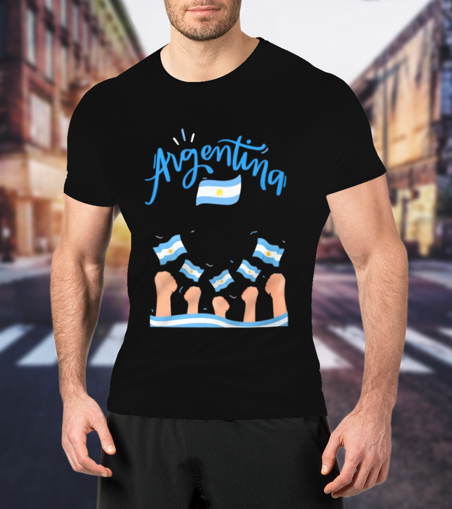 Argentina Celebration Raised Fists Waving Flags Enthusiastic Spirit T-Shirt