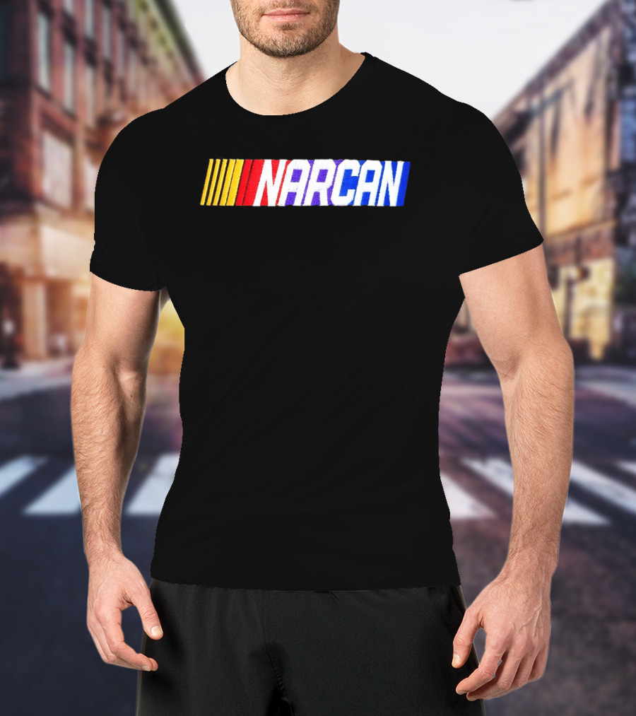 NASCAR Style NARCAN Text With Racing Stripes T-Shirt