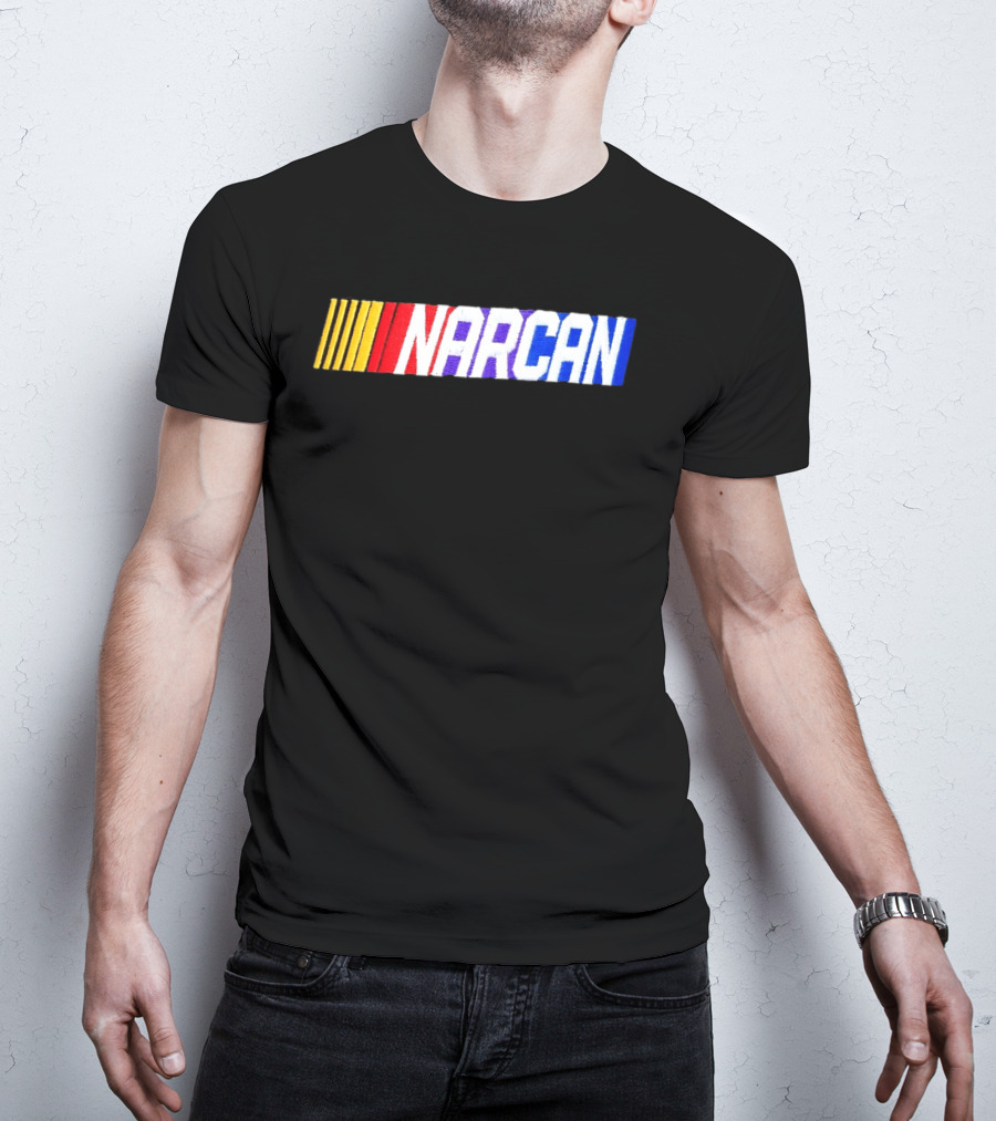 NASCAR Style NARCAN Text With Racing Stripes T-Shirt