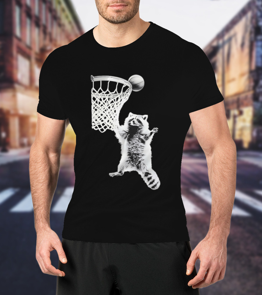 Raccoon Dunking Basketball Fun Animal Sports Play T-Shirt