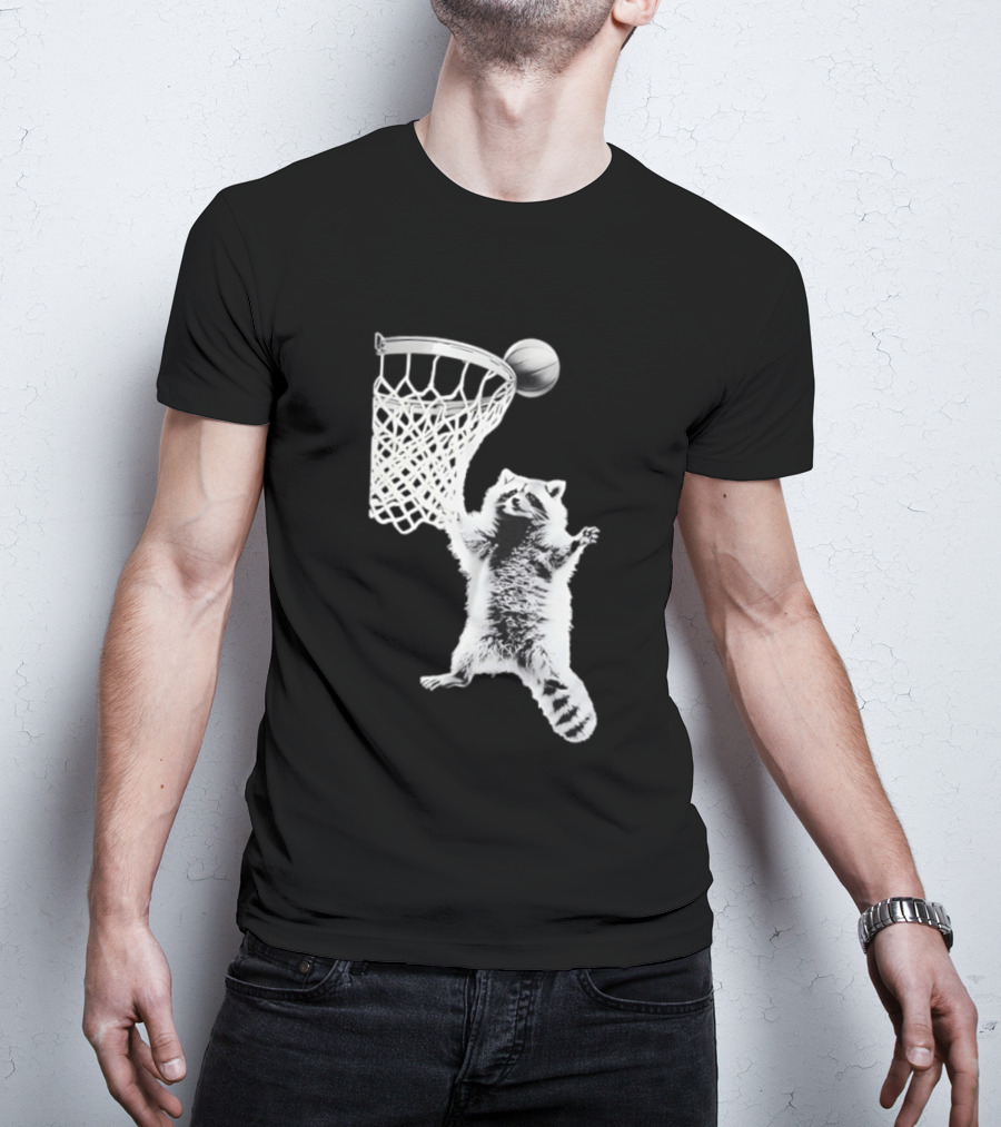 Raccoon Dunking Basketball Fun Animal Sports Play T-Shirt