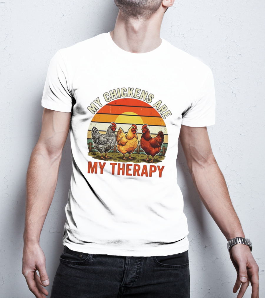 My Chickens Are My Therapy Three Hens Sunset T-Shirt