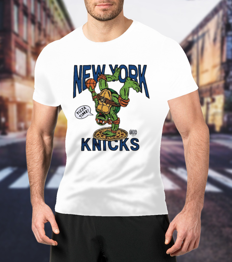 New York Knicks Michelangelo TMNT Pizza Time Basketball Dunk T-Shirt