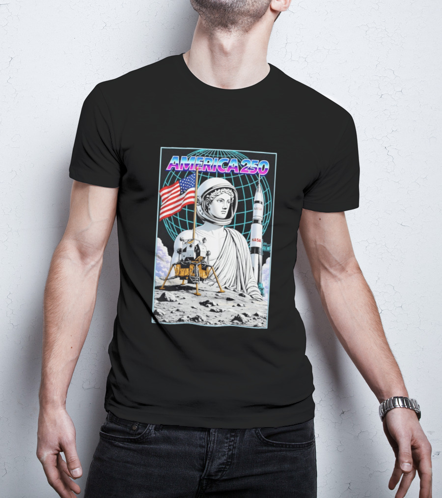America 250 Apollo Space Rocket NASA Flag Astronaut Statue Moon T-Shirt