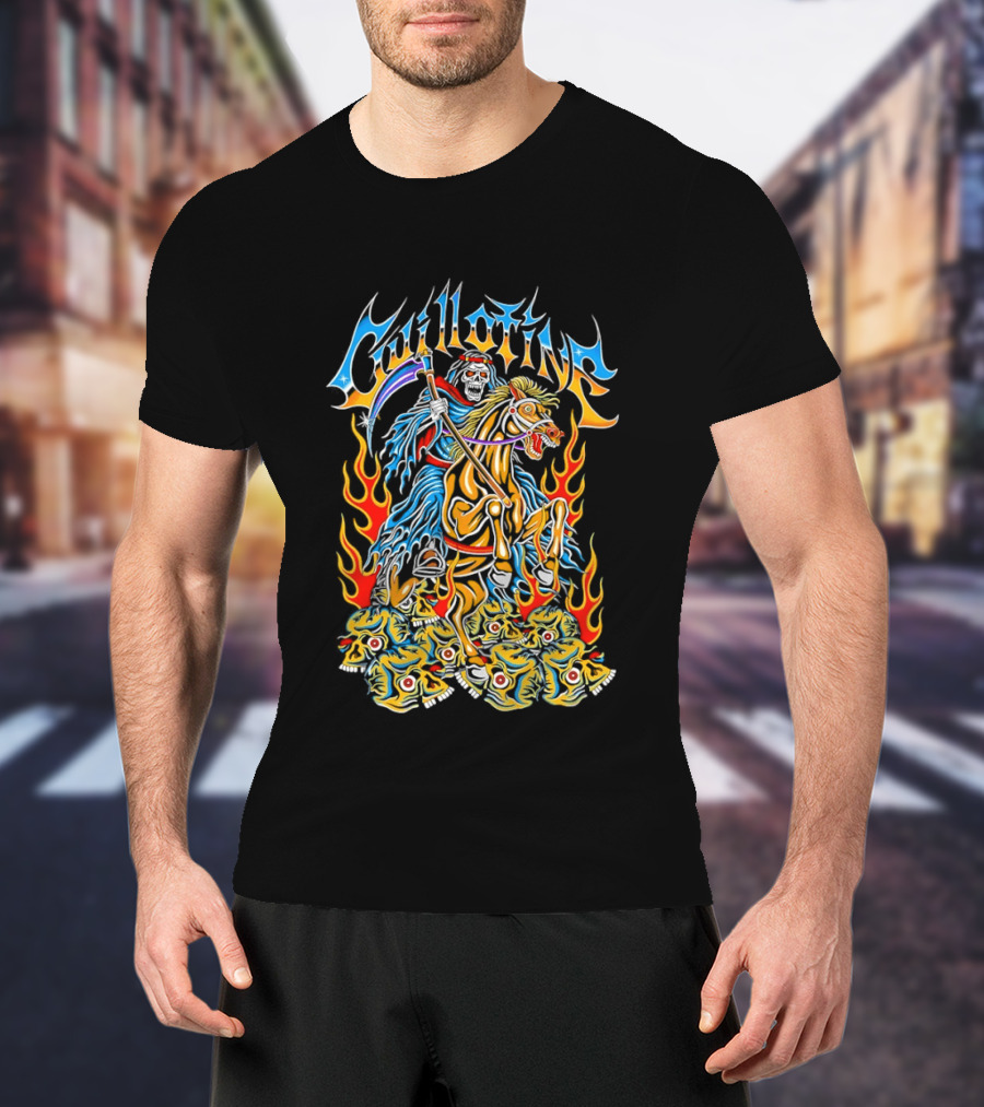 Guillotine Grim Reaper Riding Fiery Horse With Skull And Flames Heavy Metal Concert T-Shirt
