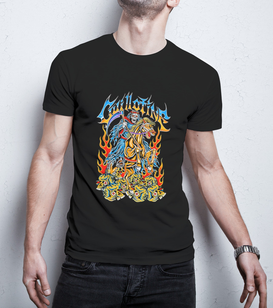 Guillotine Grim Reaper Riding Fiery Horse With Skull And Flames Heavy Metal Concert T-Shirt