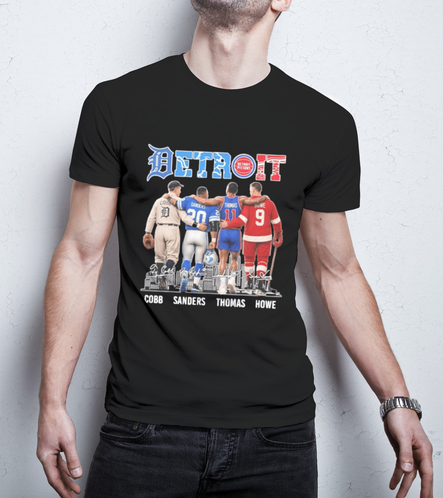 Detroit Icons Ty Cobb Barry Sanders Isiah Thomas Gordie Howe Signatures Skyline T-Shirt
