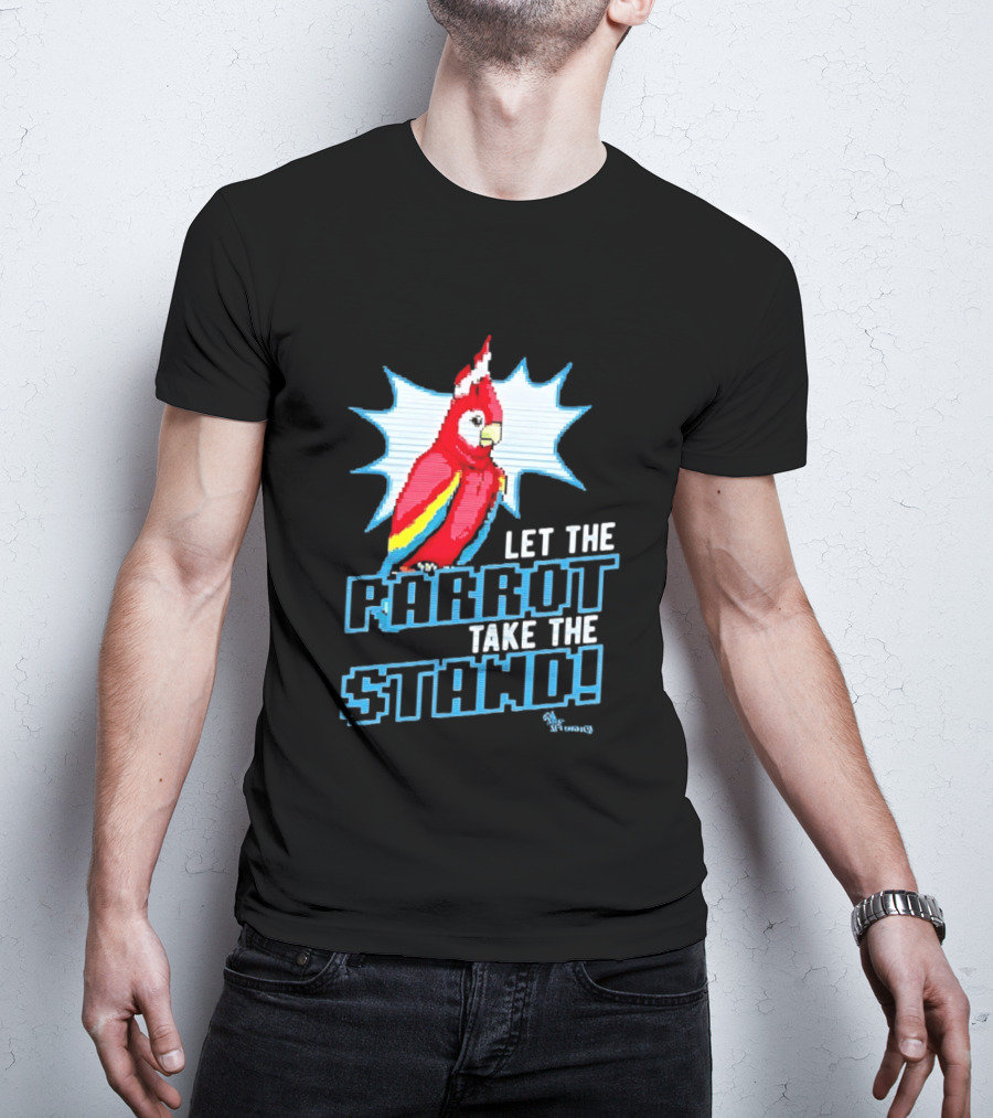 Let The Parrot Take The Stand Vibrant Red Bird With Santa Hat And Blue Starburst T-Shirt