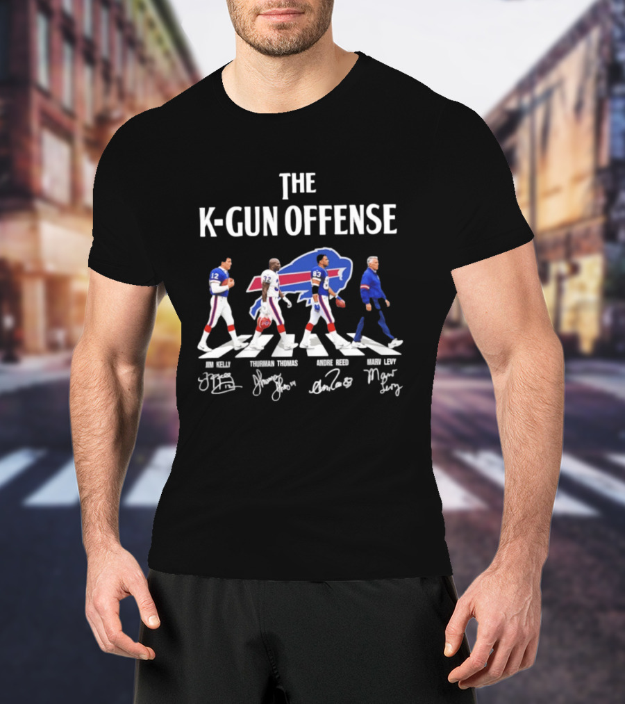 The K Gun Offense Buffalo Bills Jim Kelly Thurman Thomas Andre Reed Marv Levy Abbey Road With Signatures T-Shirt